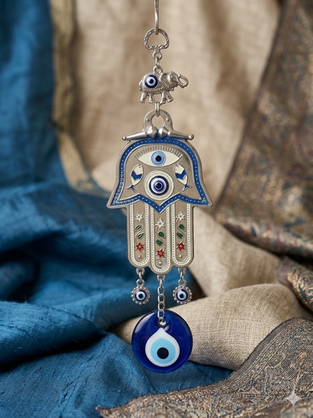 Hamsa Hand Evil Eye Wall Hanging - Blue & Silver